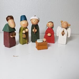 Vintage 6PC Wooden Nativity Set Rustic Hand Painted Kid Friendly Decor Christmas